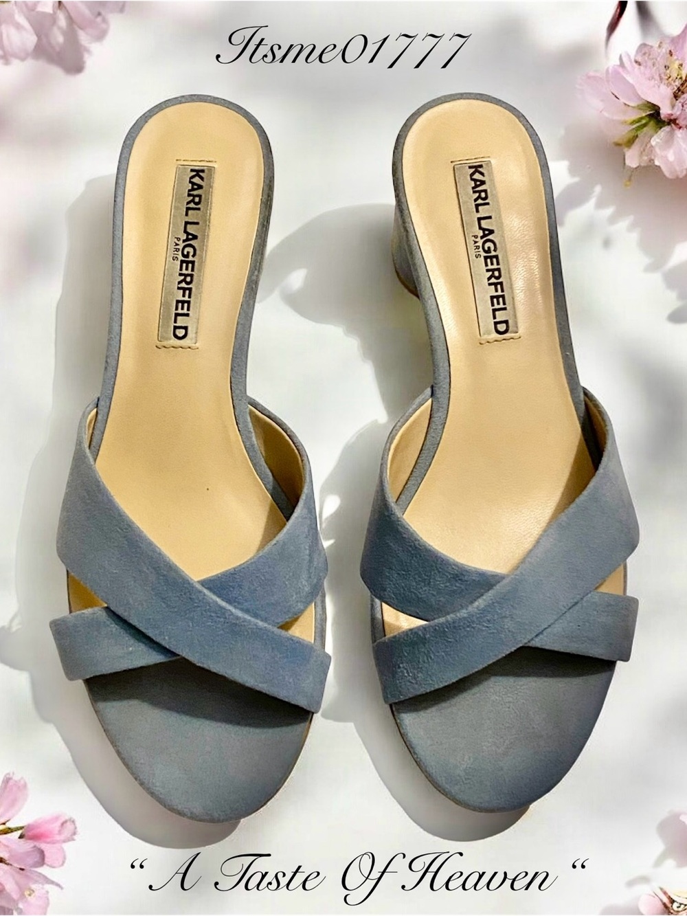 🌸 KARL LAGERFELD Blue Suede Cross-Strap Block Heel Mules